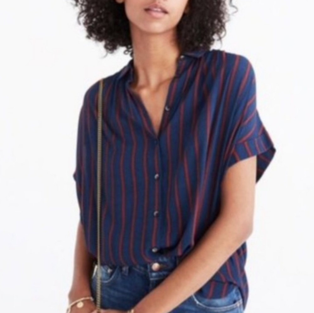 MADEWELL | navy/maroon striped top | button front | loose fitting | S